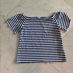 J.McLaughlin Blue Navy White Striped Scalloped Trim Square Neck Blouse Small